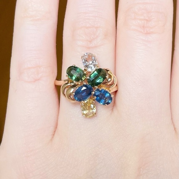 14K multicolor rainbow Genuine Sapphire oval cut cluster gold large swirl ring‍ - Picture 4 of 10
